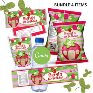 Strawberry Birthday Bundle, Strawberry Bundle, Strawberry Party, Strawberry Birthday, Strawberry Template, Strawberry favors, Canva Template