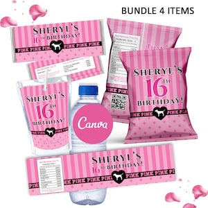 May include: Pink and black birthday party favor bundle with a pink and white striped design. The bundle includes a water bottle label, a candy bar wrapper, a juice box label, and a snack bag. The labels feature the text "Sheryl's 16th Birthday!" and a pink and black logo.