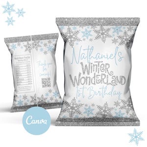 Blå Winter Wonderland-chipspåse, Winter Wonderland-födelsedagschipspåse, utskrivbar redigerbar Canvas-mall, snöflingor-chipspåse