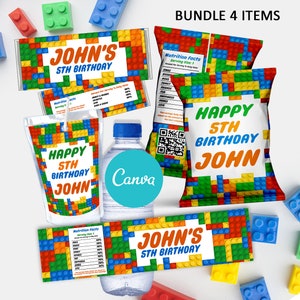 May include: A set of four printable party favor labels featuring a colorful Lego brick design. The labels include a snack bag, a water bottle label, a juice box label, and a candy bar wrapper. The labels are personalized with the name "John" and the text "Happy 5th Birthday".
