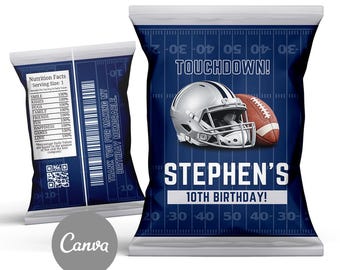 Football Chip Bag, American Football Party, Blue and Silver Football Birthday, Football Chips, Football favors, American Football