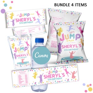 May include: A set of four printable party favour labels featuring a girl jumping on a trampoline. The labels are designed for a 5th birthday party and feature a colourful polka dot background with the text "Let's Jump & Play Sheryl's 5th Birthday".
