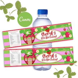 Strawberry Water Bottle, Strawberry Birthday, Strawberry Party, Strawberry Template, Strawberry favors, Strawberry, Canva Template