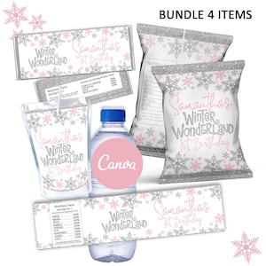 May include: A set of four printable party favor labels featuring a winter wonderland theme with snowflakes and glitter. The labels are personalized with the name "Samantha's" and the text "Winter Wonderland 1st Birthday".