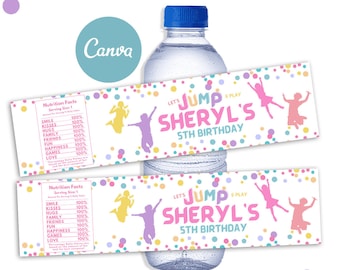 Peut inclure: Étiquette de bouteille d'eau avec un design de confettis colorés et le texte "Let's Jump & Play Sheryl's 5th Birthday".