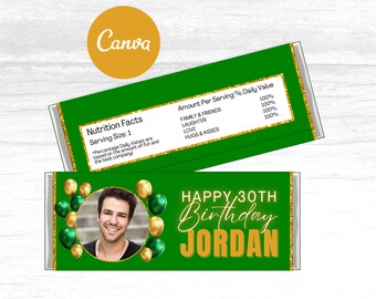 Puede incluir: Envoltorio de barra de chocolate verde y dorado con una foto de una persona y el texto "Happy 30th Birthday Jordan".