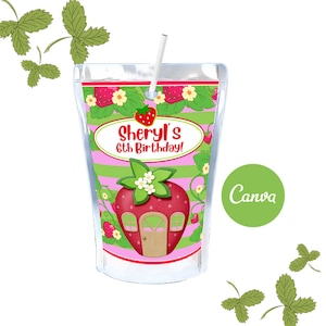 Strawberry Caprisun, Strawberry Juice Pouch, Strawberry Party, Strawberry Birthday, Strawberry Juice, Strawberry favors, Canva Template
