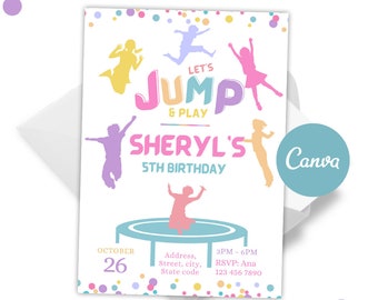 Peut inclure: Une invitation colorée pour une fête d'anniversaire de 5 ans sur le thème "Let's Jump & Play". L'invitation représente un trampoline et des silhouettes d'enfants qui sautent. Le texte "Sheryl's 5th Birthday" est en lettres roses. La date est le 26 octobre et l'heure est de 15h à 18h. Les informations de RSVP sont incluses avec un numéro de téléphone.