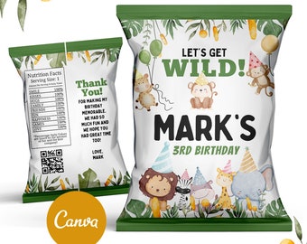 May include: A white chip bag with green leafy borders and a jungle animal theme. The bag says "Let's Get Wild! Mark's 3rd Birthday". There are cartoon animals wearing party hats, including a lion, zebra, giraffe, and elephant.