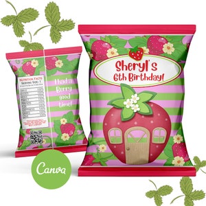 Strawberry Chip Bag, Strawberry Party, Strawberry Birthday, Strawberry Chips, Strawberry favors, Canva Template