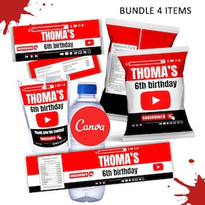 May include: A set of four red and black party favor labels with a YouTube theme. The labels feature the text "THOMA'S 6th birthday" and a red play button. The labels are designed for use on candy bars, juice boxes, chip bags, and water bottles.