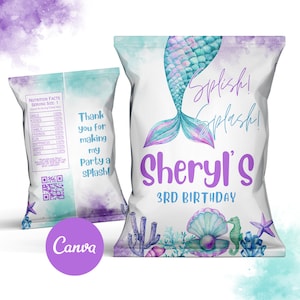 Mermaid Chip Bag, Mermaid Party, Mermaid Birthday, Mermaid Chips, Mermaid favors, Canva Template