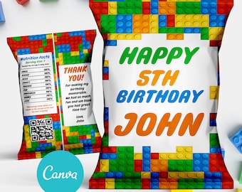 Building Blocks Chip Bag, Building Blocks Birthday Chip Bag, Printable Editable Canva Template, Building Blocks favors