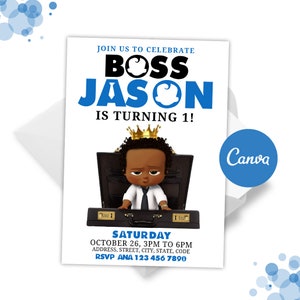 May include: A white invitation card with the text "JOIN US TO CELEBRATE BOSS JASON IS TURNING 1!" features a cartoon baby in a suit and crown. The card also includes event details: Saturday, October 26, 3PM to 6PM, and RSVP information.
