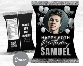 May include: A black and silver chip bag with a photo of a person and the text "Happy 20th Birthday Samuel". The bag has a silver glitter border and silver balloons.