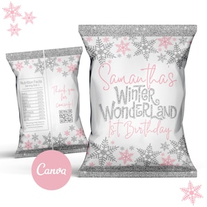 Rosa Winter Wonderland-chipspåse, Winter Wonderland-födelsedagschipspåse, utskrivbar redigerbar Canvas-mall, snöflingor-chipspåse