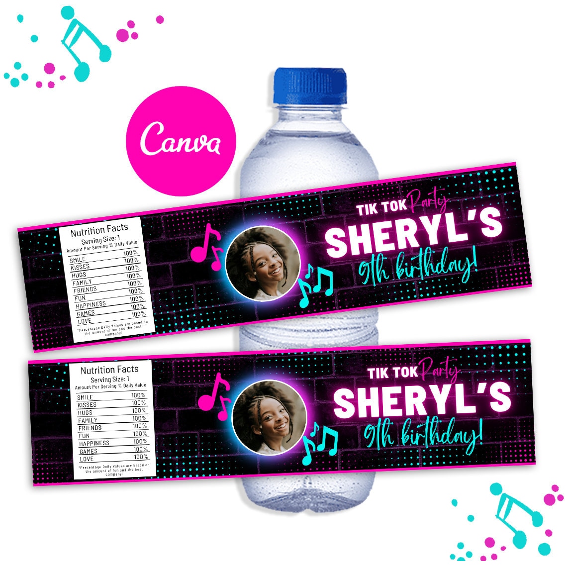 Music Water Bottle, Music Birthday, Music Party, Music Template, Music Favors, Canva Template Etsy