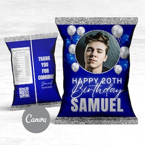 May include: A blue and silver chip bag with a photo of a person and the text "Happy 20th Birthday Samuel". The bag has a silver glitter border and blue and silver balloons.