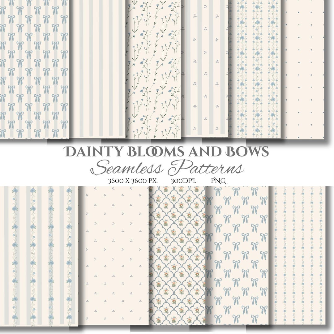 Dainty Blooms and Bows Seamless Pattern Bundle | 11 Pastel Digital ...