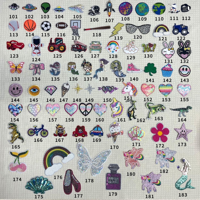 May include: A collection of 183 iron-on patches featuring a variety of designs, including animals, food, objects, and words. The patches are colorful and sparkly, and they are perfect for adding a personal touch to clothing, bags, and other accessories.
