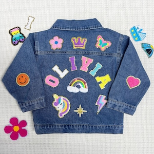 Chaqueta vaquera con parche de letras de chenilla, chaqueta vaquera con parche de nombre de chenilla personalizada para niñas pequeñas, chaqueta con parche personalizada para niños, regalo