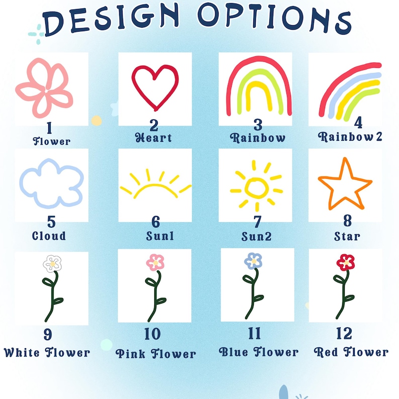 May include: A chart with 12 design options for a product. The options include a flower, heart, rainbow, cloud, sun, star, and different colored flowers. The chart is labeled with numbers 1 through 12 and the names of each design option.
