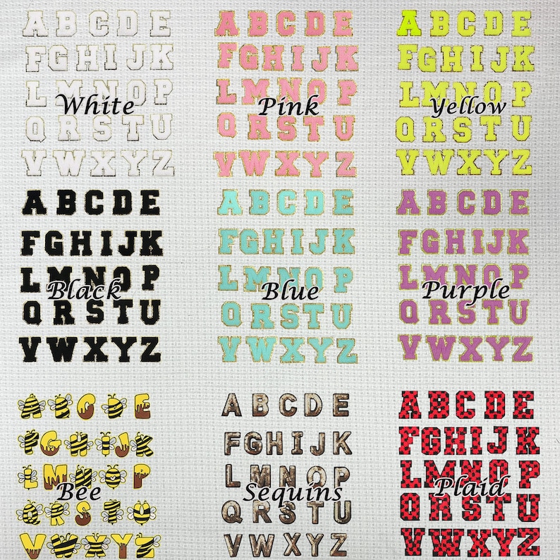 May include: A set of alphabet letters in various colors and styles. The letters are arranged in rows, with each row representing a different style. The styles include white, pink, yellow, black, blue, purple, bee, sequins, and plaid.