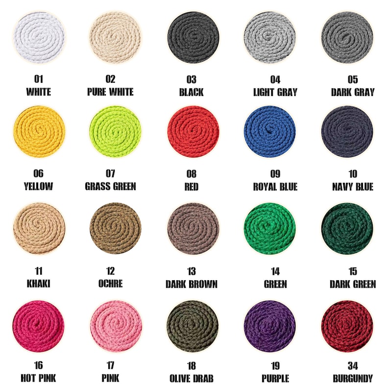 May include: A color chart of 20 different colors of rope, each color is represented by a circle of rope. The colors are white, pure white, black, light gray, dark gray, yellow, grass green, red, royal blue, navy blue, khaki, ochre, dark brown, green, dark green, hot pink, pink, olive drab, purple, and burgundy.
