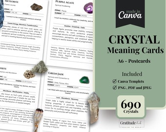 690 Tarjetas de significado de cristal editables e imprimibles, Tarjetas de significado de piedras preciosas, Tarjetas de cristal digitales. Tarjetas de información de cristal