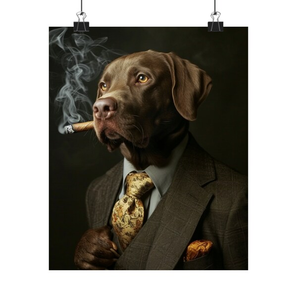 Labrador Retriever Dog Smoking a Cigar and Wearing A Suit Poster, Funny Pet Gift, Gift For Mancave, Gift For Him, Gift For Her