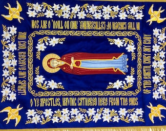 Fully-embroidered orthodox church Shroud (epitaphios) of Theotokos with large embroidered icon English text