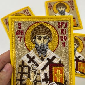 Saint Spyridon Orthodox Embroidered Fabric Icon 4.5"x3.5" Pocket Icon or Patch with Hidden Pocket, Christian Gift for Traveler or Soldierr