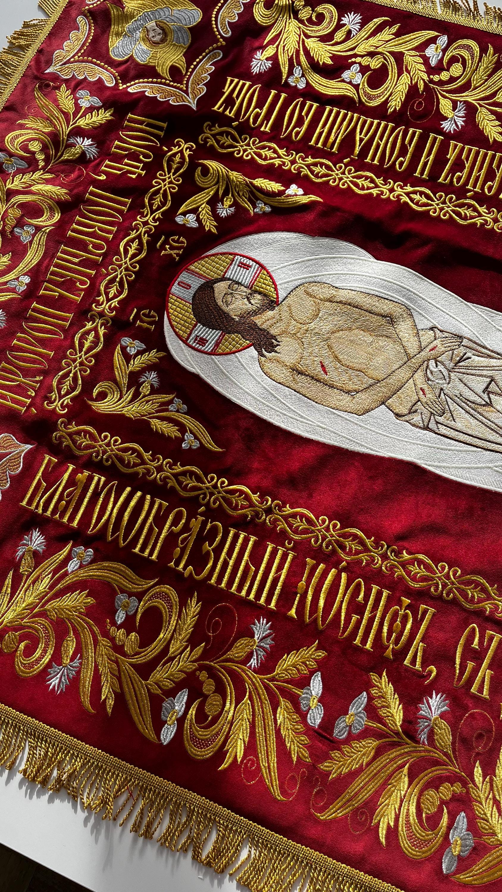 Fully-embroidered orthodox church Shroud (epitaphios) of Jesus Christ  with large embroidered icon, church relic