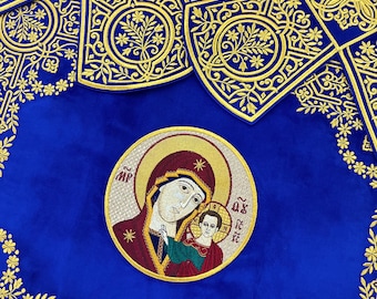 Ortodistische Kelchabdeckungen und Aer-Set, Gott-Mutter gestickte Ikone, Altartuch, Kelchabdeckung, Kelchschleier, christliches religiöses Geschenk
