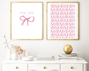 2 Phi Mu Sorority Art Prints, digital downloads, preppy pink college wall decor