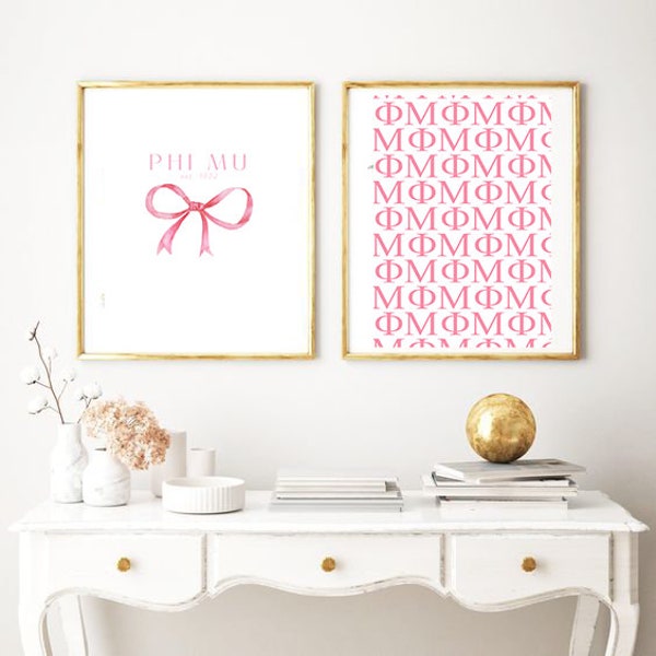 2 Phi Mu Sorority Art Prints, digital downloads, preppy pink college wall decor