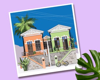 Kleurrijke huizen met planten | vierkante kunstafdruk | Brazilië | wanddecoratie | huisportret | planten | originele kunst