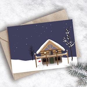 Christmas log cabin | christmas card | snow scene | winter house | snow | illustrated card