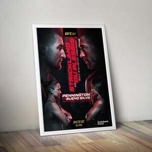 Peut inclure: Une affiche publicitaire pour l'UFC 297, mettant en vedette un combat entre Strickland et Du Plessis pour le championnat du monde des poids moyens, et un combat entre Pennington et Bueno Silva. L'affiche est rouge, noire et blanche avec le texte "UFC 297", "Strickland vs Du Plessis", "Championnat du monde des poids moyens", "Pennington vs Bueno Silva", "Jan 20 Sam", "On PPV", "Scotiabank Arena".