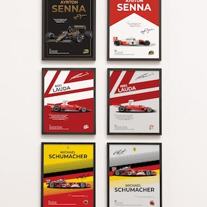 May include: Six framed posters of famous Formula One drivers. Each poster features a black and white photo of the driver's race car, the driver's name in large gold letters, and a quote from the driver. The posters are arranged in two rows of three. The top row features Ayrton Senna, the middle row features Niki Lauda, and the bottom row features Michael Schumacher.