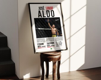 May include: A framed poster featuring the name "JOSÉ 'JUNIOR' ALDO" in bold letters. The poster includes a photo of a fighter in a ring, with statistics on striking and takedown accuracy. The poster is propped on a small, dark wooden stool.
