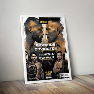 May include: A poster advertising a UFC fight card featuring Leon Edwards vs. Kamaru Usman for the Welterweight Championship and Brandon Pantoja vs. Alex Perez for the Flyweight Championship. The poster is white with black and gold text and features photos of the fighters. The event is scheduled for December 16th on PPV.