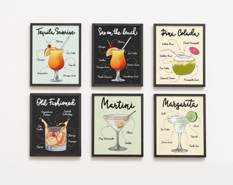 Classic Cocktails Poster | Cocktails Poster | Cocktail Art | Cocktail Gift | Gift For Her| Kitchen Decor | Home Bar Decor