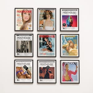 May include: Nine framed vintage Penthouse magazine covers are displayed on a white wall. The covers feature models and the magazine's logo. The magazines are in black frames.