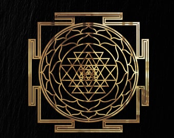 May include: A gold-colored Sri Yantra symbol featuring a central point surrounded by nine interlocking triangles, a lotus petal ring, and a square outer frame with T-shaped gates, presented as a metallic graphic design on a black background.