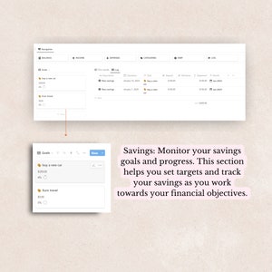 May include: A screenshot of a computer screen displaying a budgeting app with a section for setting savings goals. The app features a list of goals, including "buy a new car" and "Euro travel". The app also includes a section for tracking progress towards these goals.