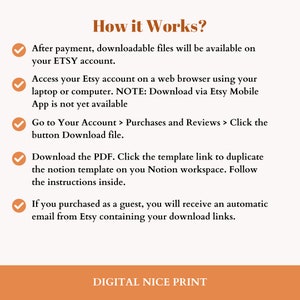 May include: A checklist with five green tick marks and instructions on how to download digital files purchased on Etsy. The text reads "How it Works?" and includes instructions for downloading files on a computer, downloading files on a mobile device, and downloading files as a guest.