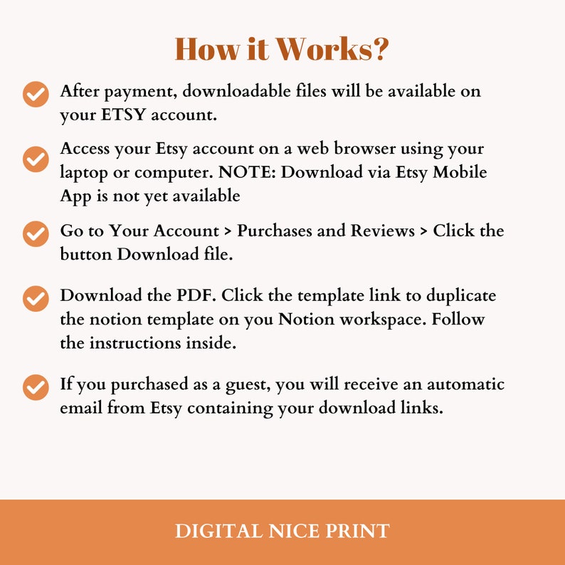 May include: A checklist with five green tick marks and instructions on how to download digital files purchased on Etsy. The text reads "How it Works?" and includes instructions for downloading files on a computer, downloading files on a mobile device, and downloading files as a guest.