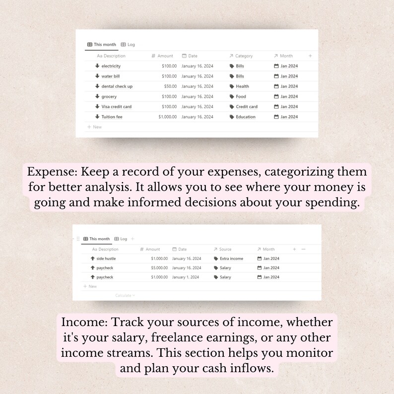 May include: A digital planner with a pink background and a white grid. The planner is divided into two sections: "This month" and "Log". The "This month" section has columns for "Description", "Amount", "Date", "Category", and "Month". The "Log" section has columns for "Description", "Amount", "Date", "Source", and "Month". The planner is designed to help users track their expenses and income.