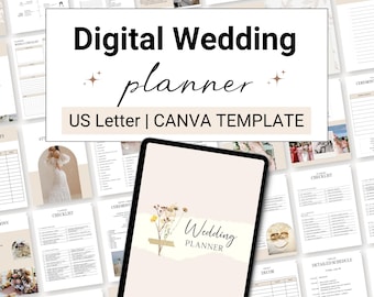 May include: A digital wedding planner template in US Letter size, designed for Canva. The cover features a beige background with a floral illustration and the text "Wedding Planner".